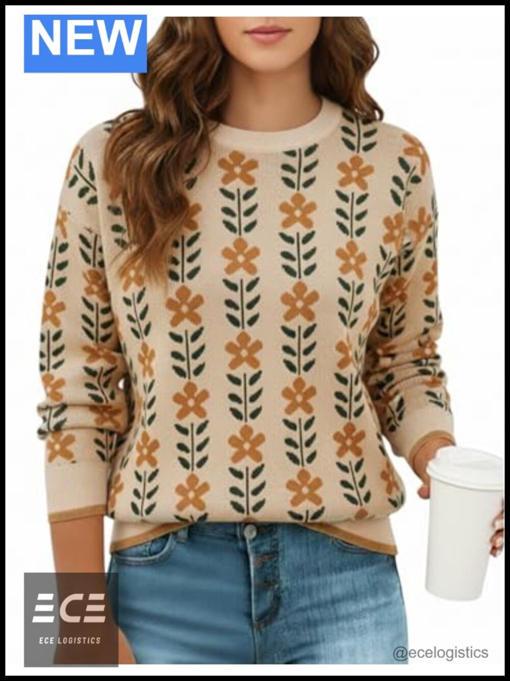 Womens Floral Knit Sweater Oversized Cozy Pullover